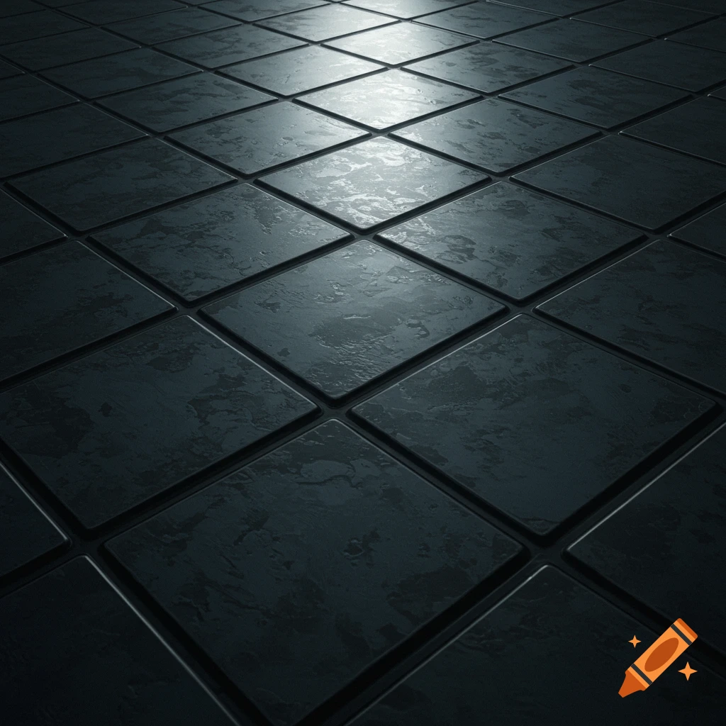 A low-angle view of dark, textured floor tiles in a diamond pattern, with light reflecting on them.