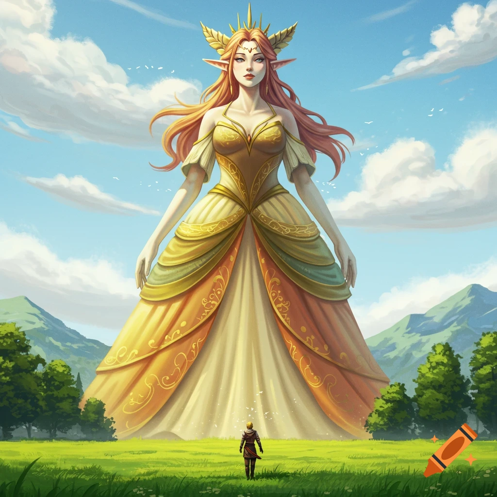 A giant elven woman in a long dress stands in a field as a tiny person looks up at her, mountains and clouds in the background.
