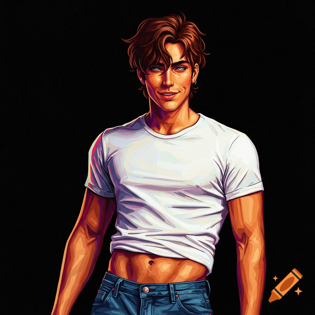 A man in a white t-shirt and jeans looking forward.