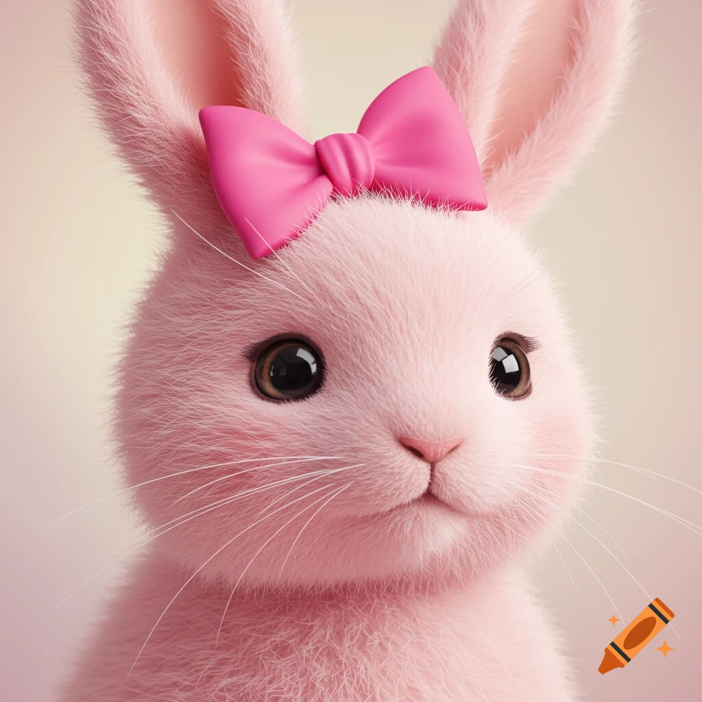 A close-up of a fluffy pink bunny with a bright pink bow on its head.