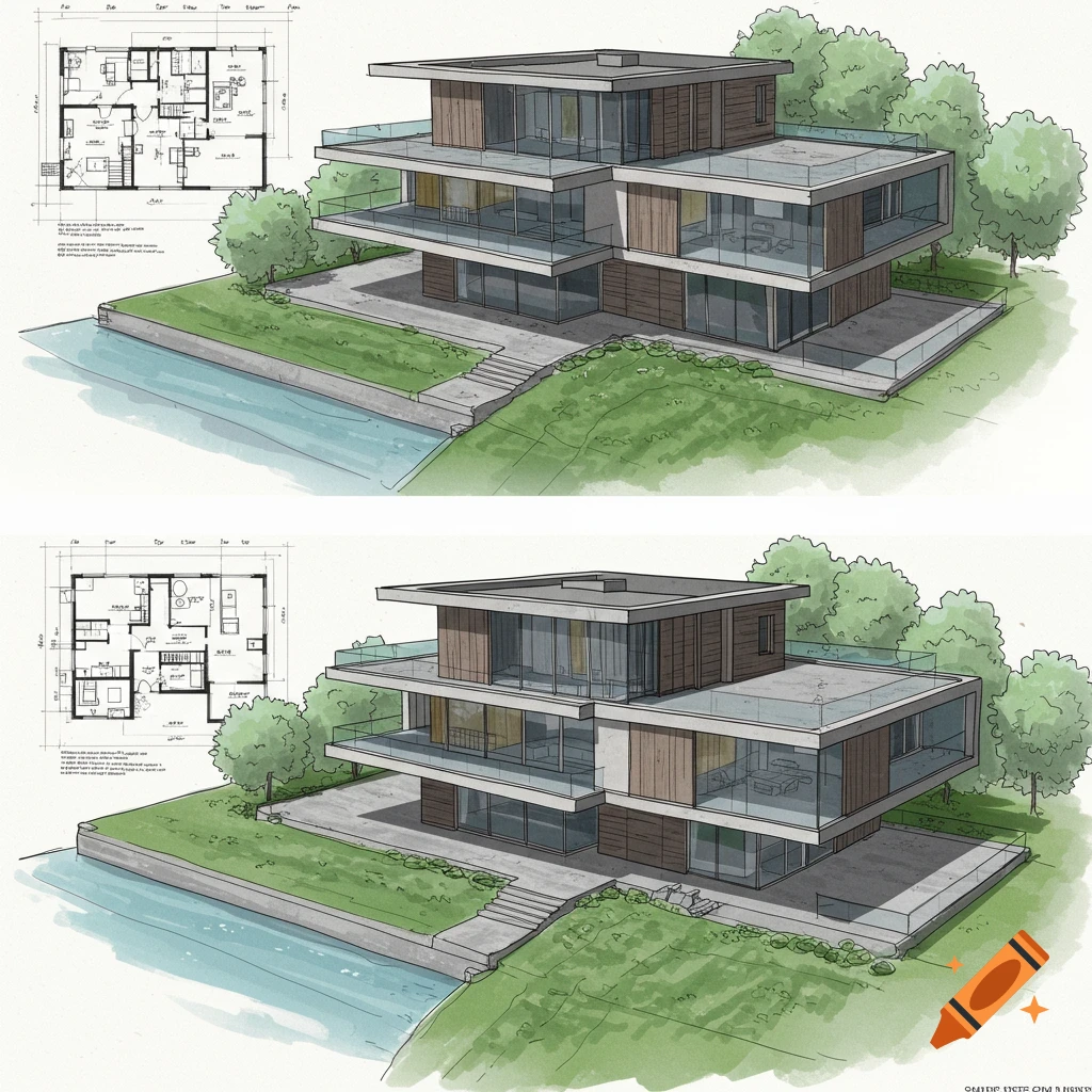 Sketch of a modern concrete and glass house with surrounding landscape and floor plans.