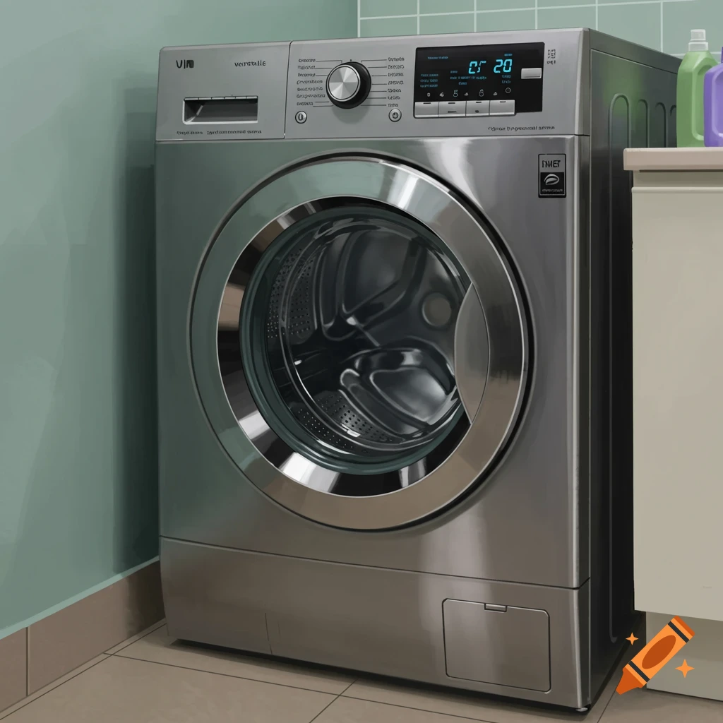 A silver washing machine in a laundry room.