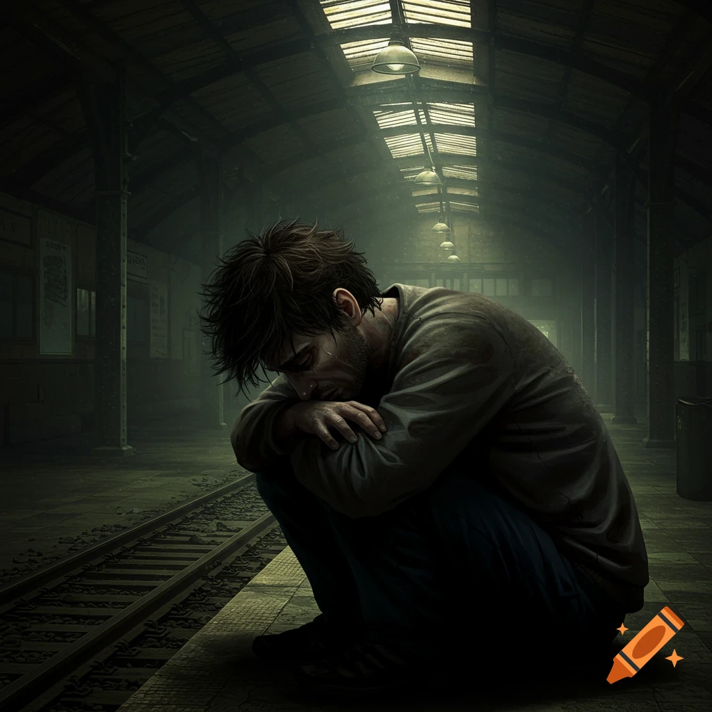A person crouches sadly on a dark, atmospheric train platform.