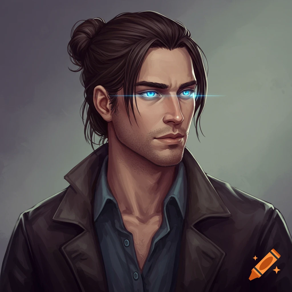 A man with a bun, glowing blue eyes, wearing a shirt and jacket.