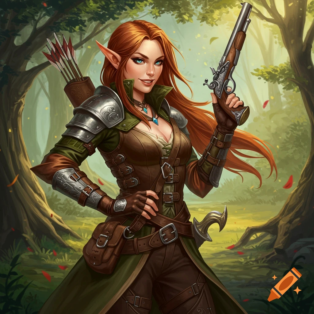 A female elf gunslinger with red hair and armor in a forest