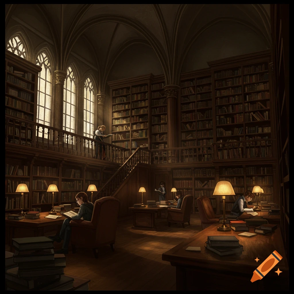 A dark, old library with tall bookshelves, gothic windows, desks, lamps, and people reading.