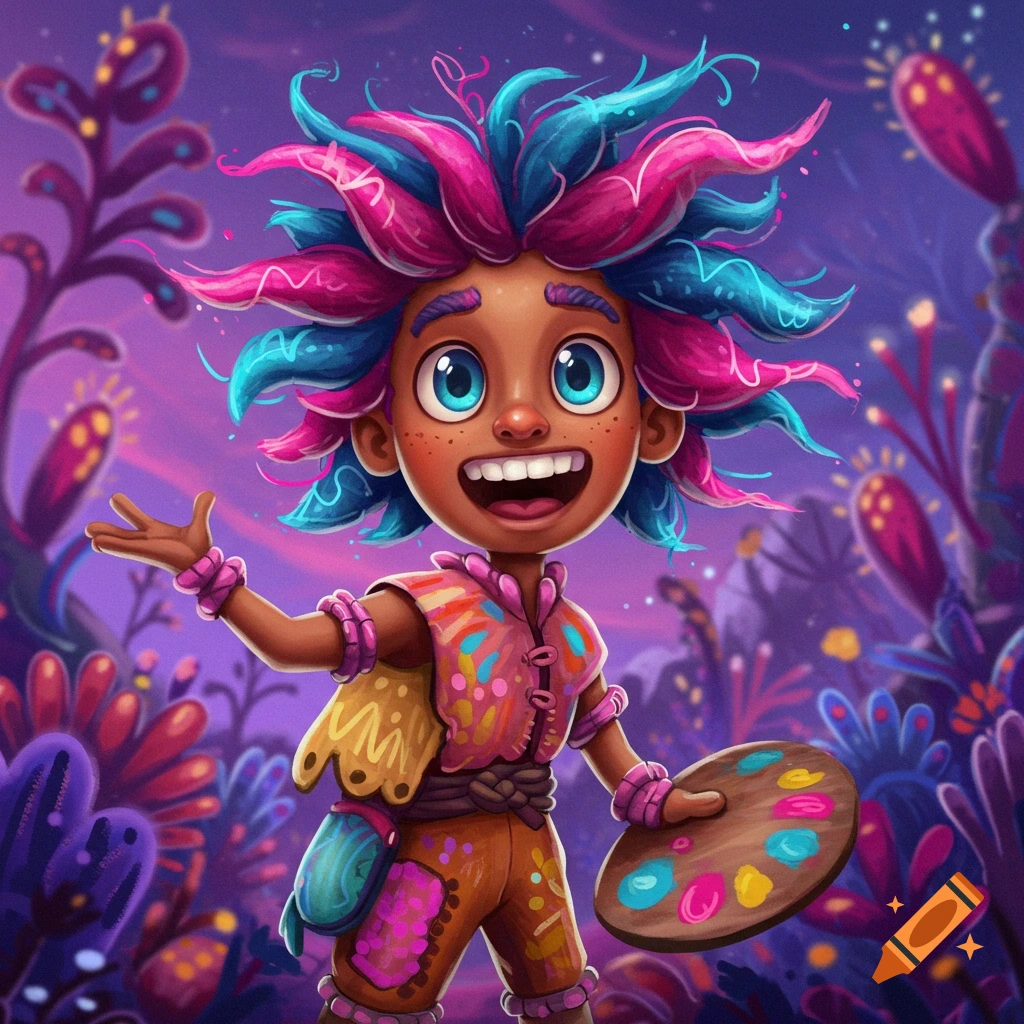 A cheerful cartoon character with pink and blue hair holds a paint palette amidst a vibrant fantasy landscape.