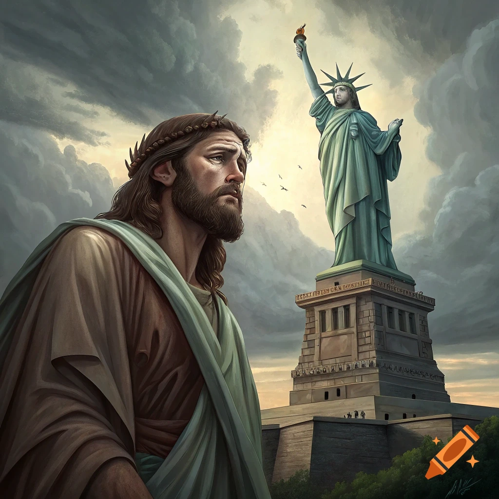 Jesus weeps looking at the Statue of Liberty under a dramatic cloudy sky.