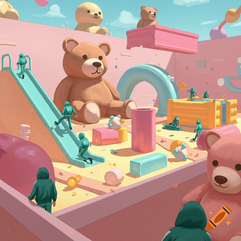 Tiny figures in green suits in a giant toy playground with teddy bears.