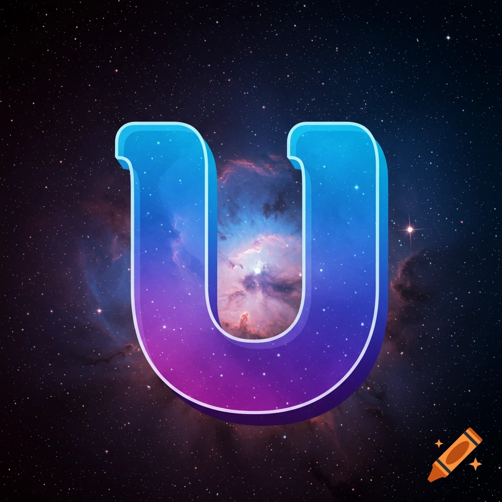 A large stylized letter U in space with a nebula background.