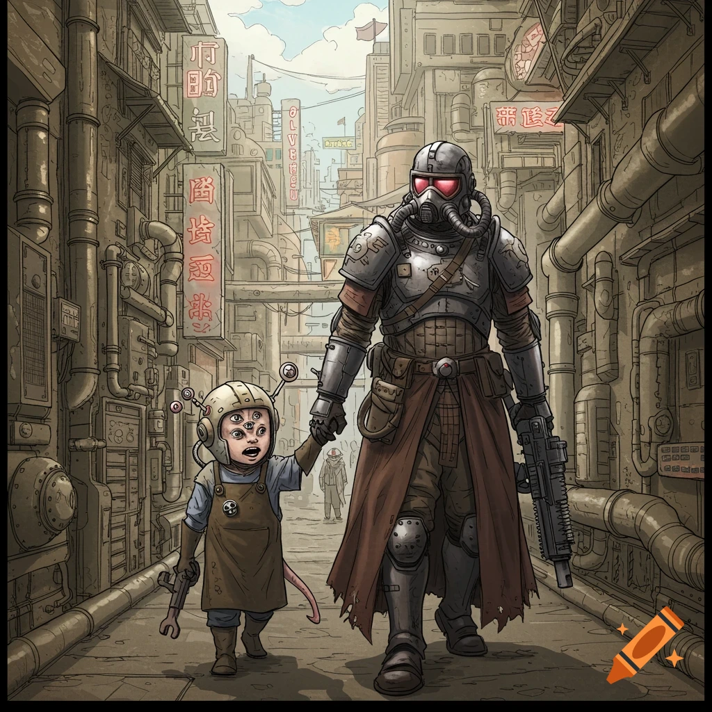 Armored figure and multi-eyed child walk through a dense pipe-filled city street in a sci-fi art style.