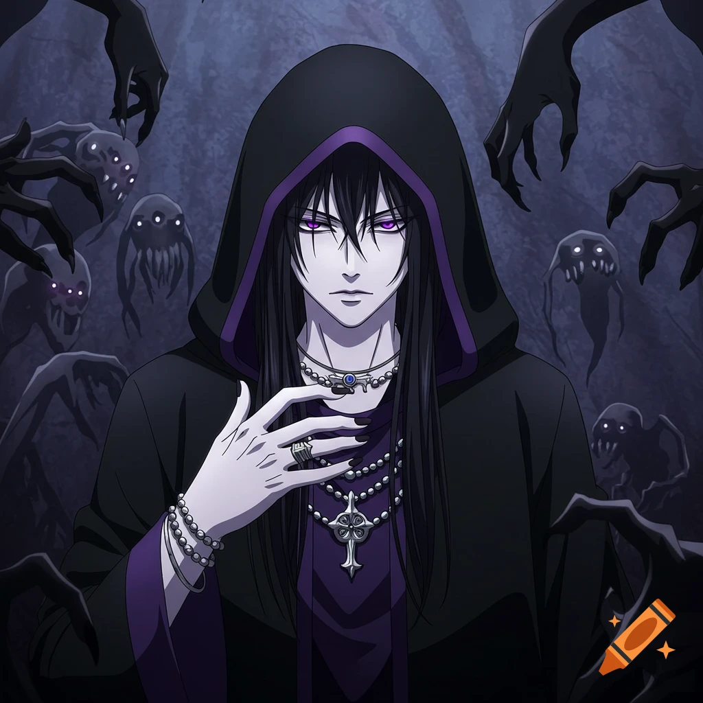An anime illustration of a pale man in black and purple hooded robes with purple eyes, surrounded by shadowy creatures.
