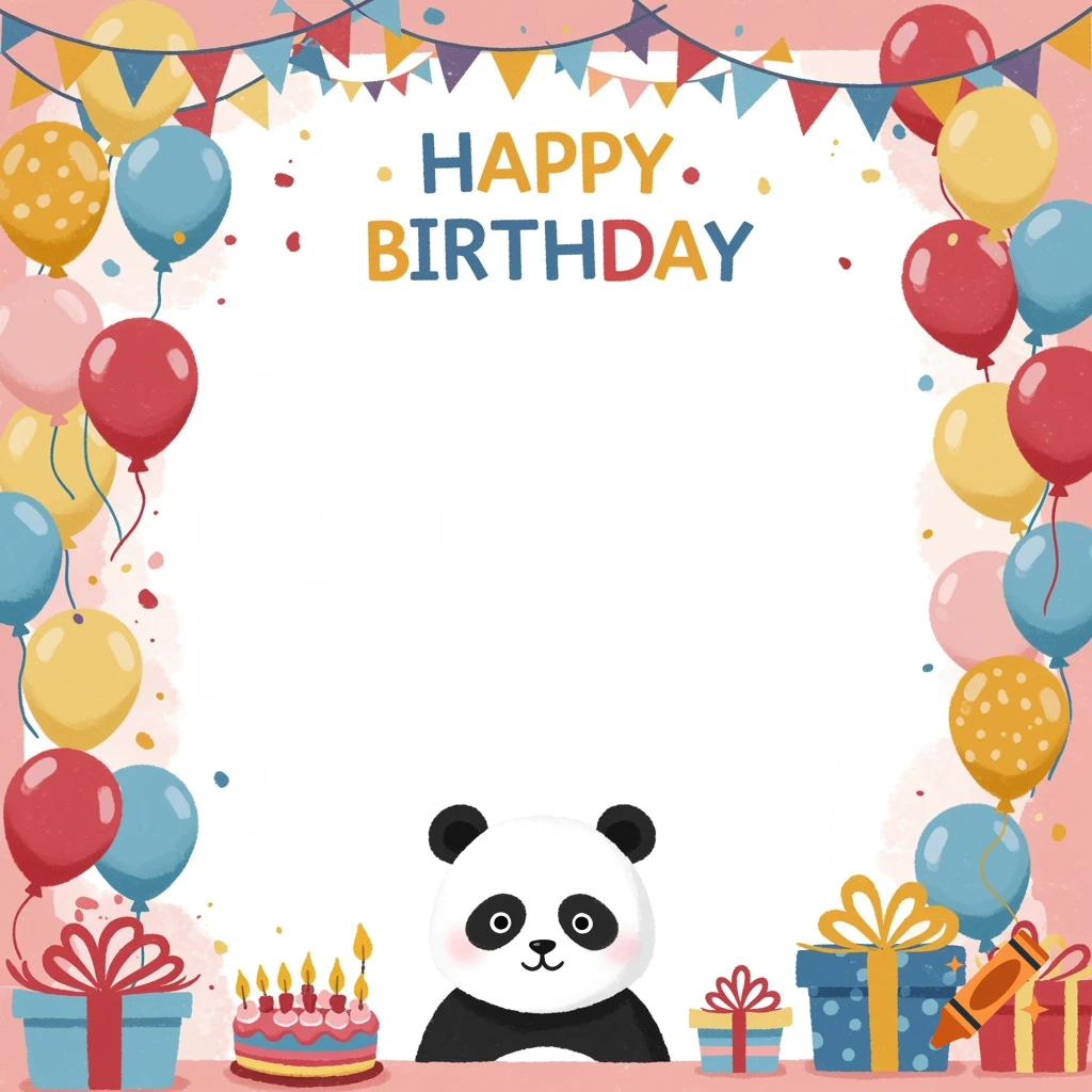 Cute birthday illustration border with balloons, gifts, cake, a panda, and Happy Birthday text.
