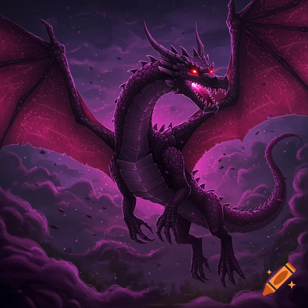 A dark dragon with glowing red eyes and purple wings flying through dark purple clouds.