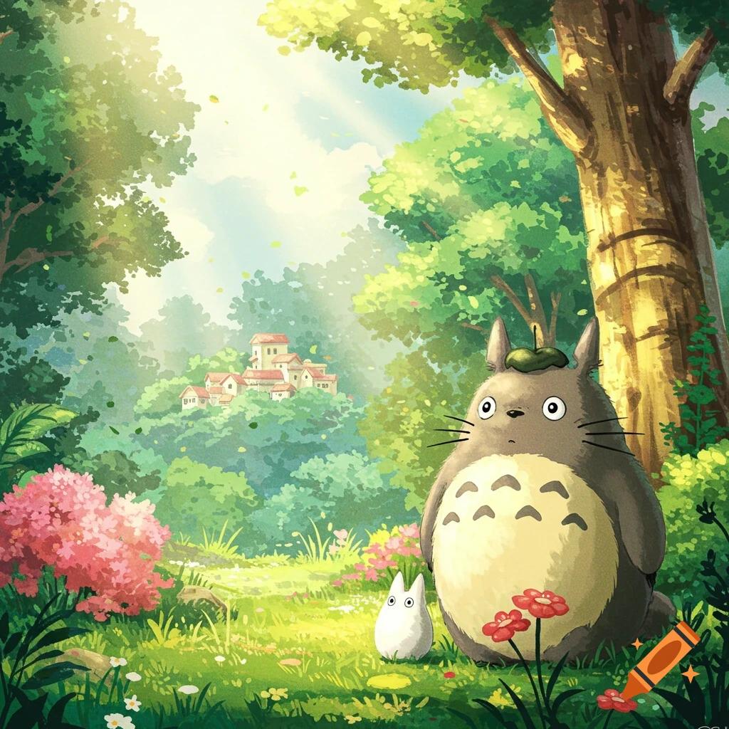 Totoro and a small white creature stand in a sunny forest clearing near a village.