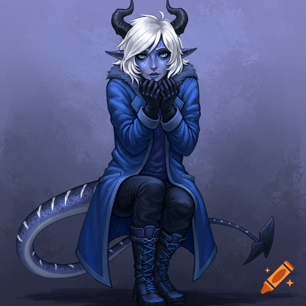 A shy blue-skinned fantasy character with horns, tail, and white hair, wearing a blue coat.