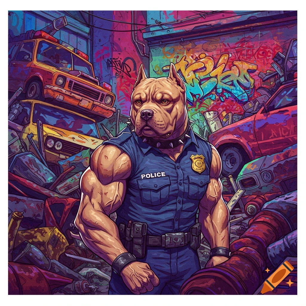 A muscular dog in a police uniform stands in a graffiti-covered junkyard.