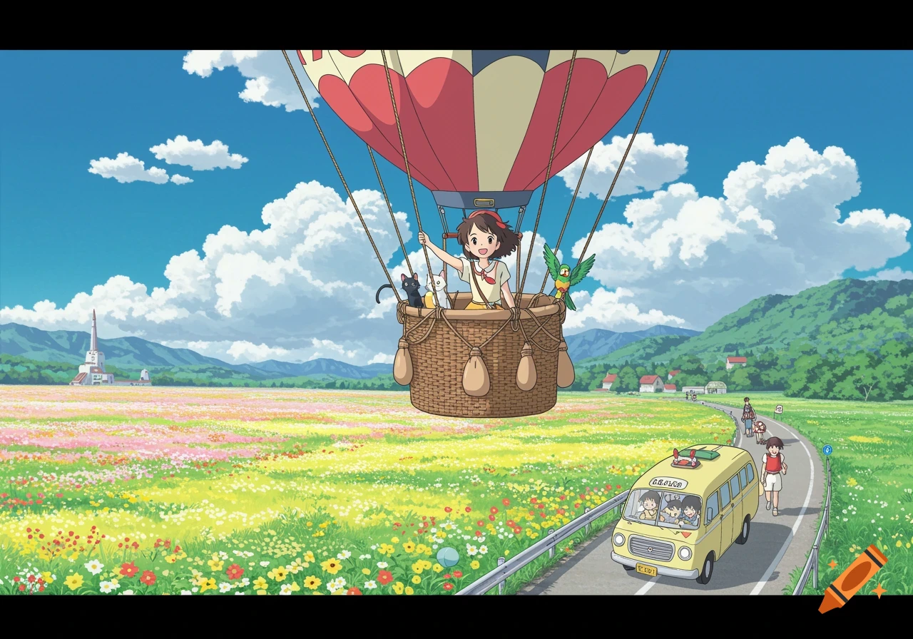 Anime style image of a girl with a cat and parrot in a hot air balloon flying over a flowery field and a road with a bus.