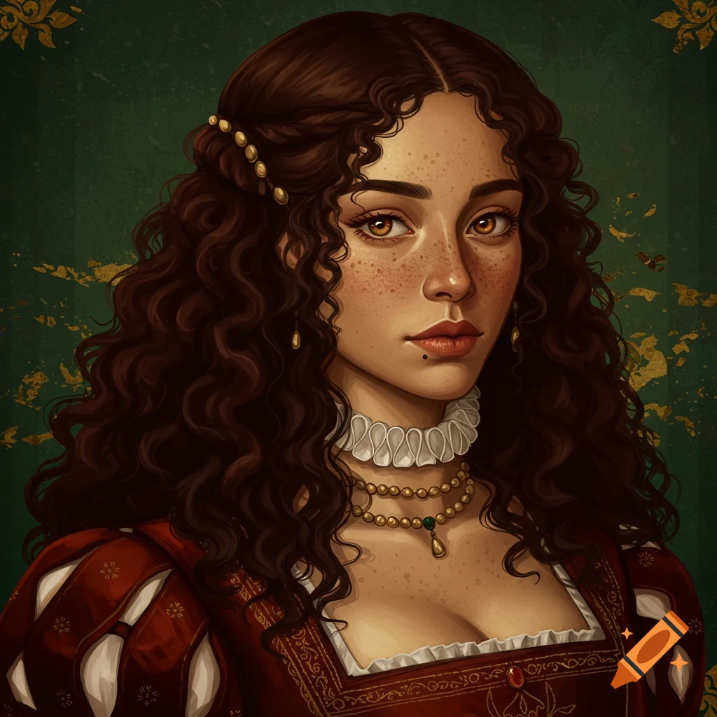 A Tudor-era woman with curly brown hair, amber eyes, freckles, and a mole above her lip.