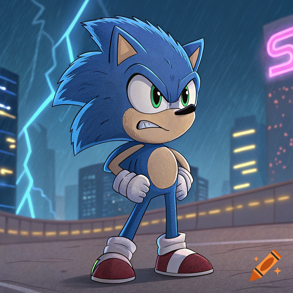 Cartoon of angry Sonic the Hedgehog standing in a rainy city with lightning.