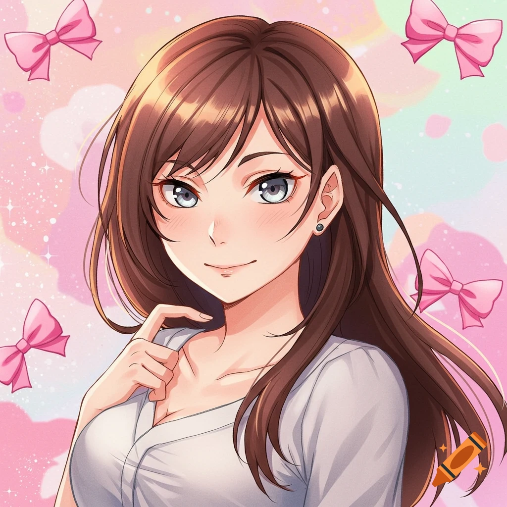 Anime portrait of a woman with brown hair and silver eyes, with pink bows in the background.