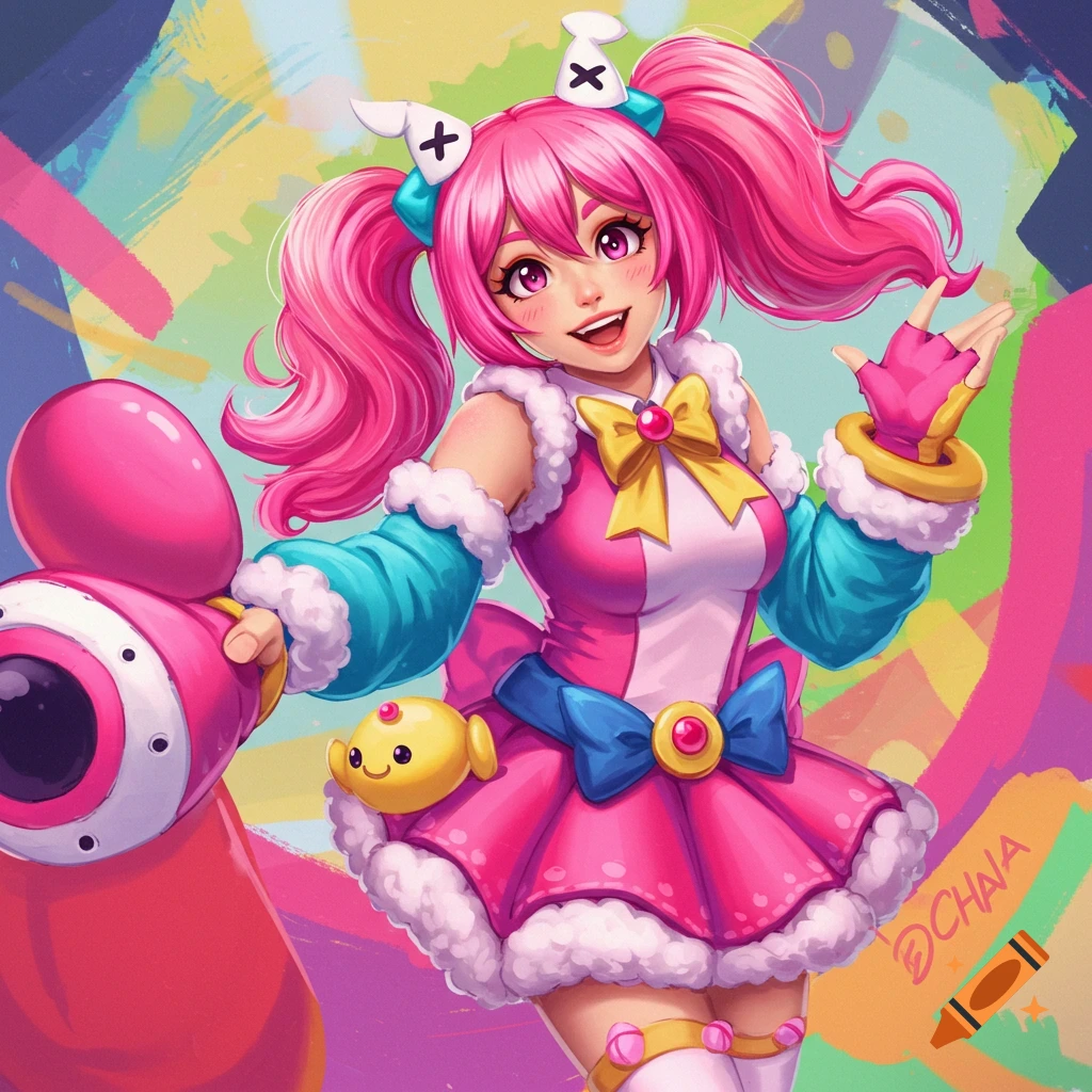 Anime style portrayal of a cheerful character in a pink costume holding a toy gun.