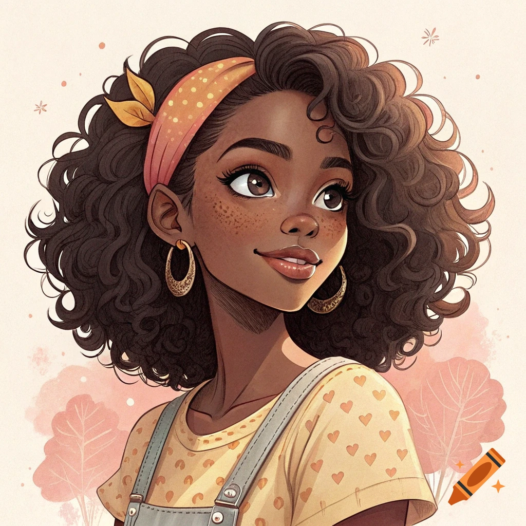 Illustration of a young Black woman with curly hair and freckles wearing a yellow shirt with hearts and overalls, smiling.
