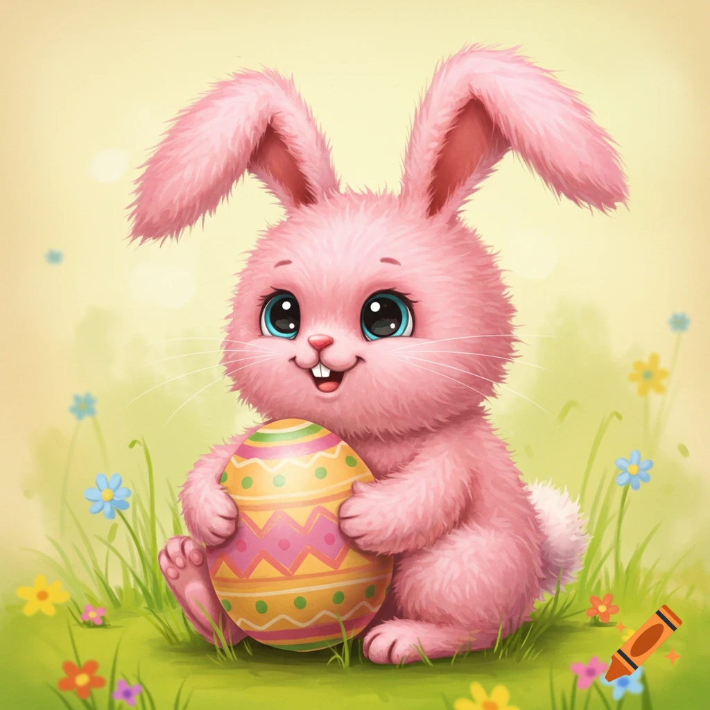 A cute pink fluffy bunny holding a decorated Easter egg in a grassy field with flowers, digital illustration.