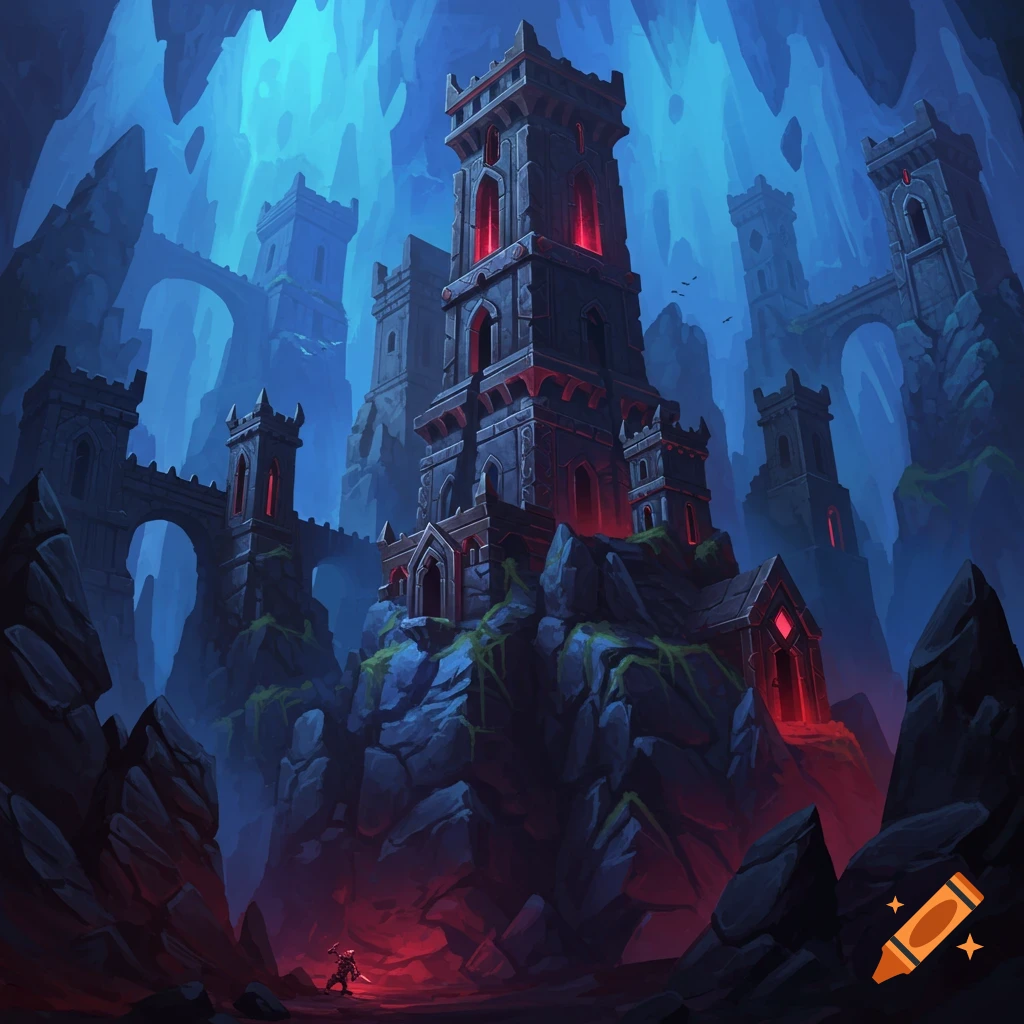 A dark fantasy stronghold with glowing red windows sits on rocks in a cave, a small warrior stands below.