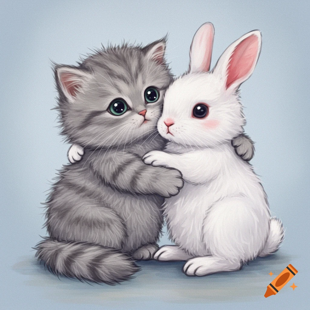A grey kitten and white bunny hugging.