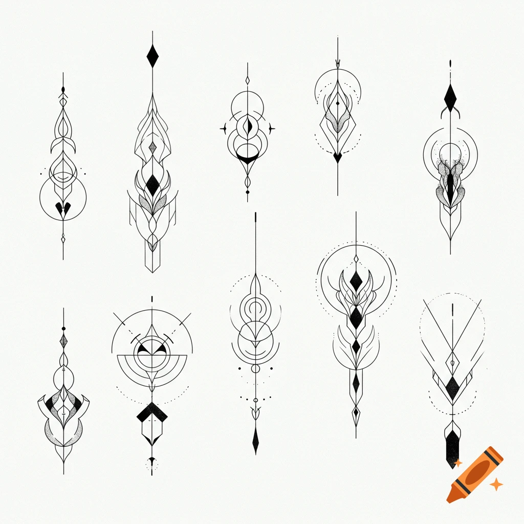 Multiple black fine line geometric abstract tattoo designs arranged vertically on a white background.