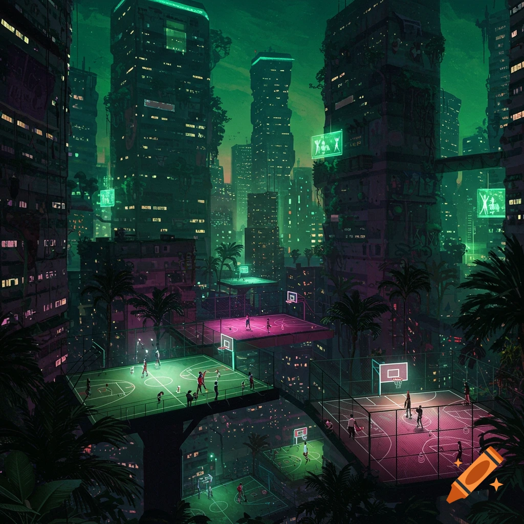 A tropical cyberpunk city with multiple elevated basketball courts.