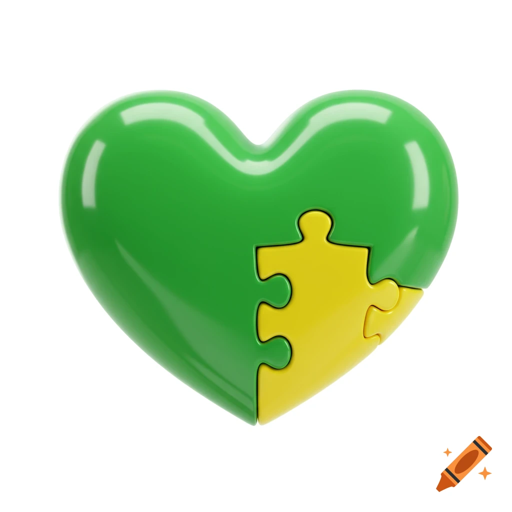 A 3D render of a green heart with a yellow puzzle piece inserted into it.
