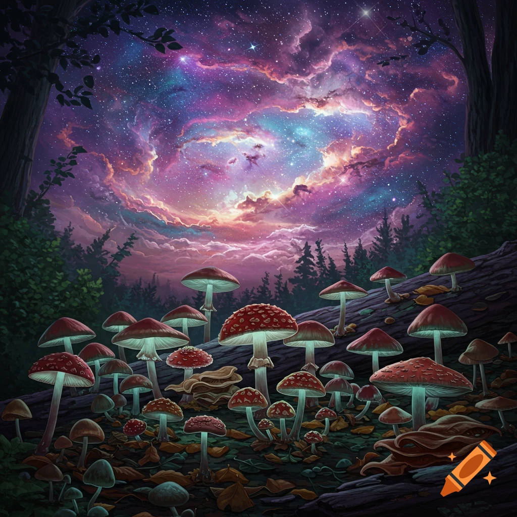 Mushrooms on a forest floor under a surreal, colorful, starry night sky.