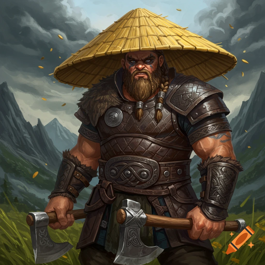 A bearded warrior in armor and a large straw hat, holding two axes, in a mountain valley.