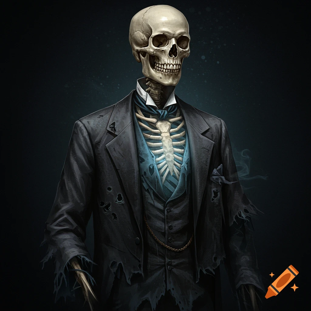 A skeleton is wearing a suit.