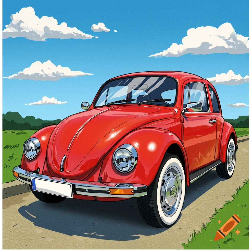 A red Volkswagen Beetle car is parked on a dirt road in a field under a blue sky.