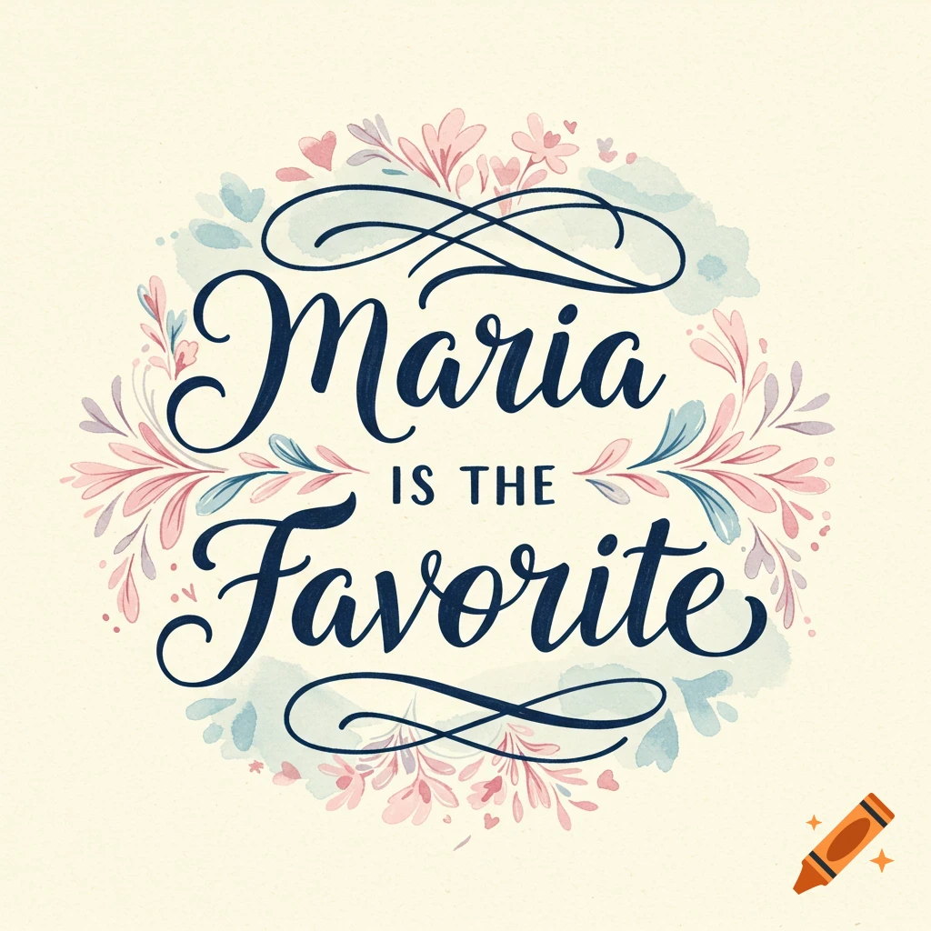 Text 'Maria IS THE Favorite' in script and block letters surrounded by a watercolor floral frame.