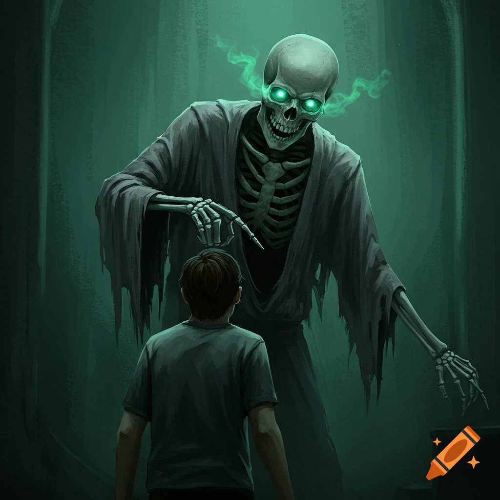 A skeletal figure with glowing eyes is pointing at a boy in a dark room.
