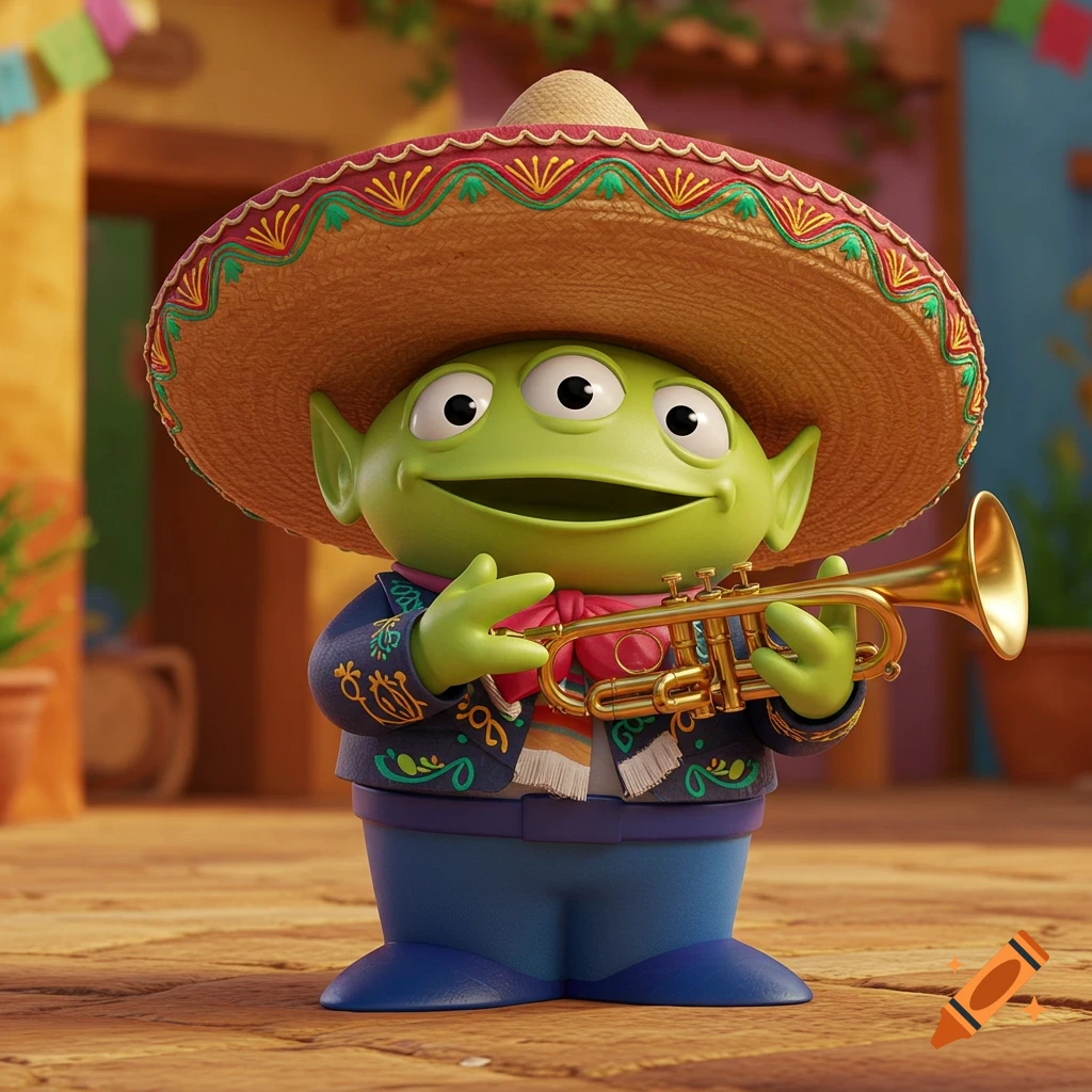 A Toy Story alien in a mariachi outfit plays a trumpet