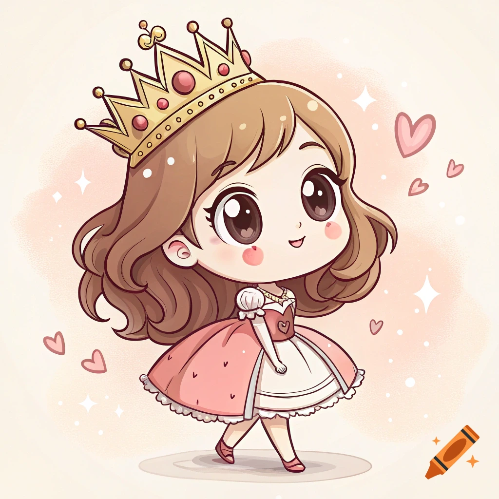 Chibi girl in a pink dress and gold crown.