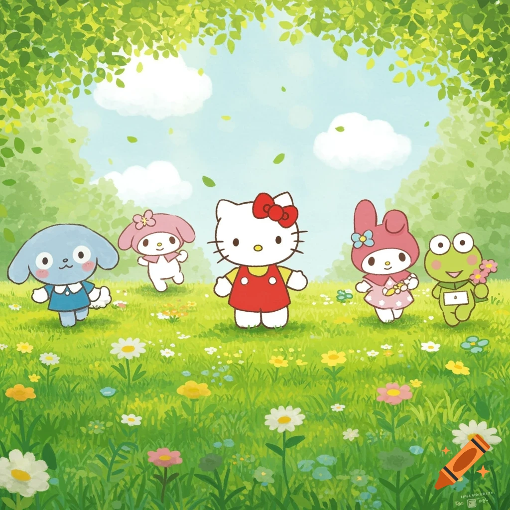 Illustration of five cartoon characters, including Hello Kitty, standing in a flowery green field.