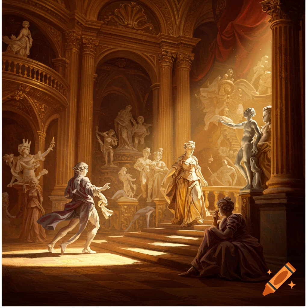Figures in a grand baroque interior with dramatic lighting.