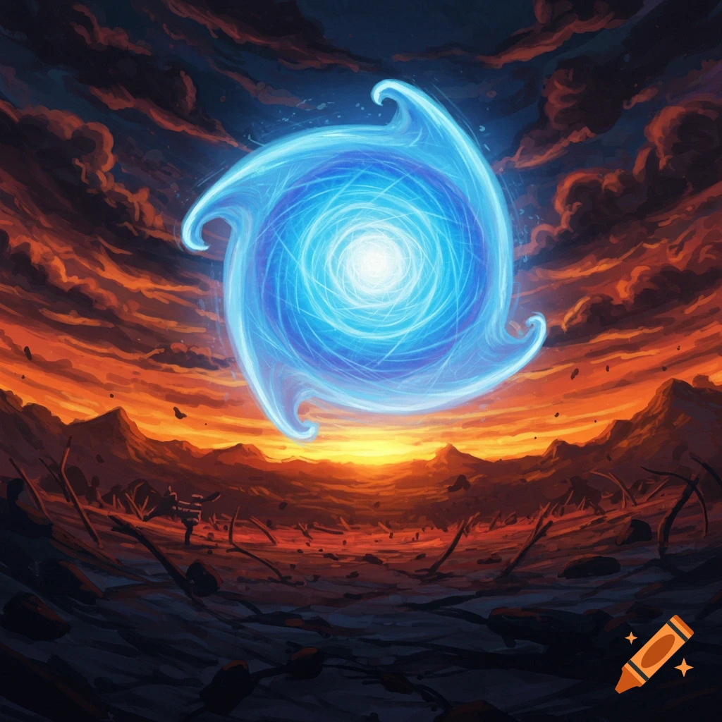 A swirling blue energy ball over a desolate landscape at sunset.