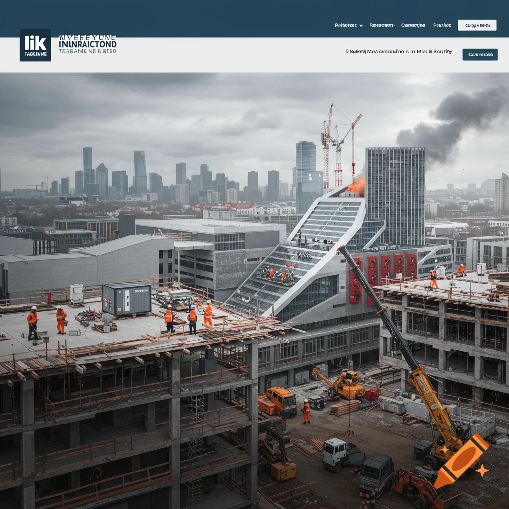 Photorealistic view of a large construction site with cranes, workers, and city buildings in the background.