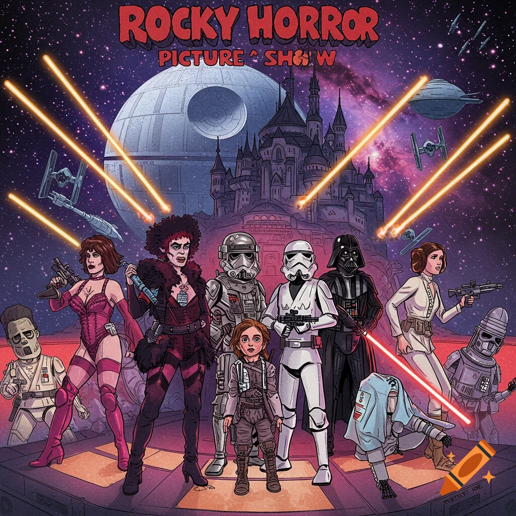 Mashup of Rocky Horror and Star Wars characters standing in front of the Death Star and a castle.