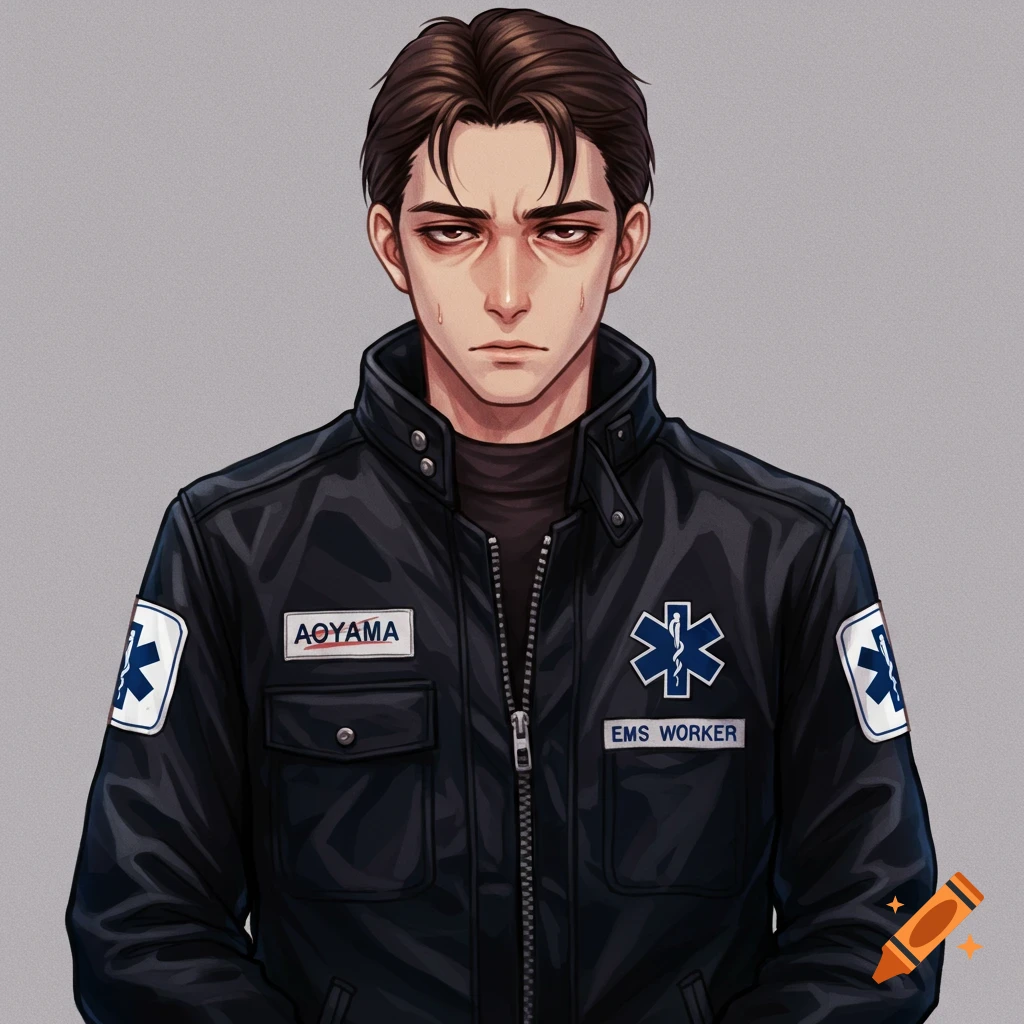 Anime portrait of a man in a black EMS jacket with dark hair and eyebags.