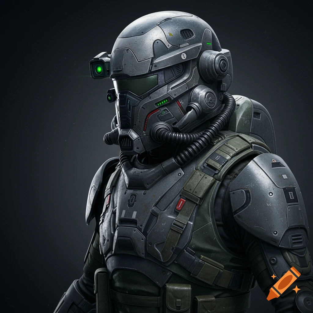 Close-up portrait of a sci-fi military soldier in detailed grey and green armor with a helmet and glowing green light.
