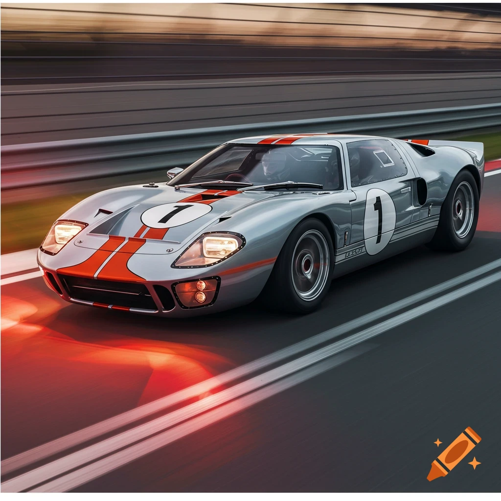 A silver GT40 racing car with orange stripes and number 1 speeds down a track at sunset.