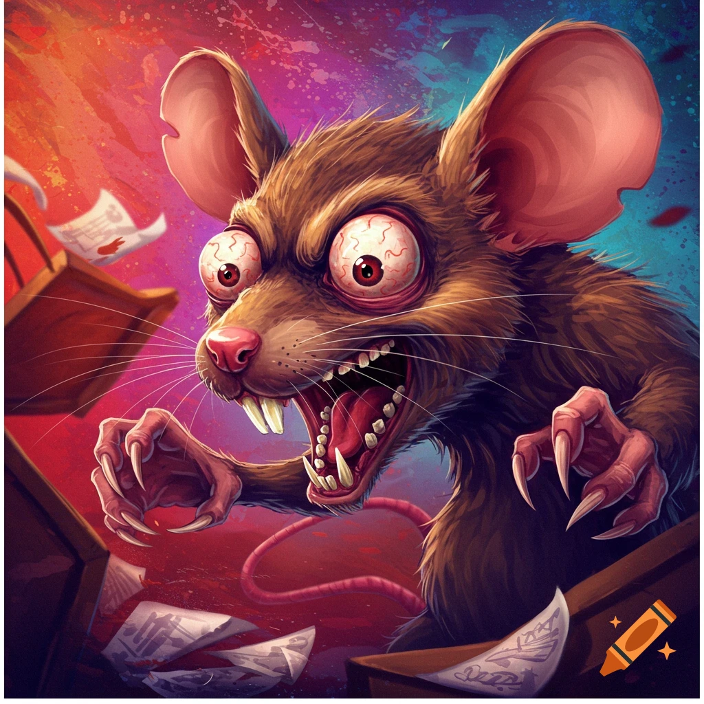 A close-up of a mad rat with wide, bloodshot eyes, sharp teeth, and claws reaching out, surrounded by flying papers.